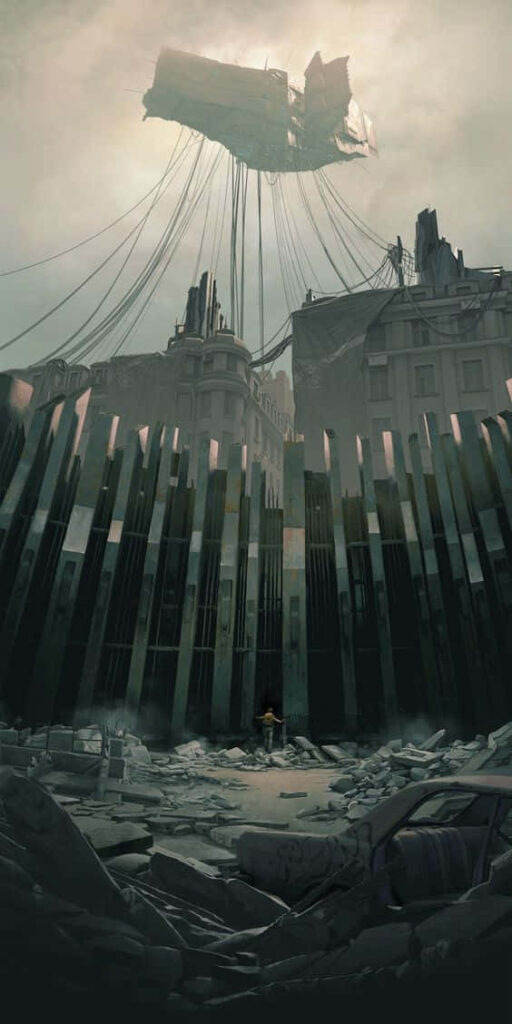 Surreal Dystopian Cityscape Wallpaper with Flying Object