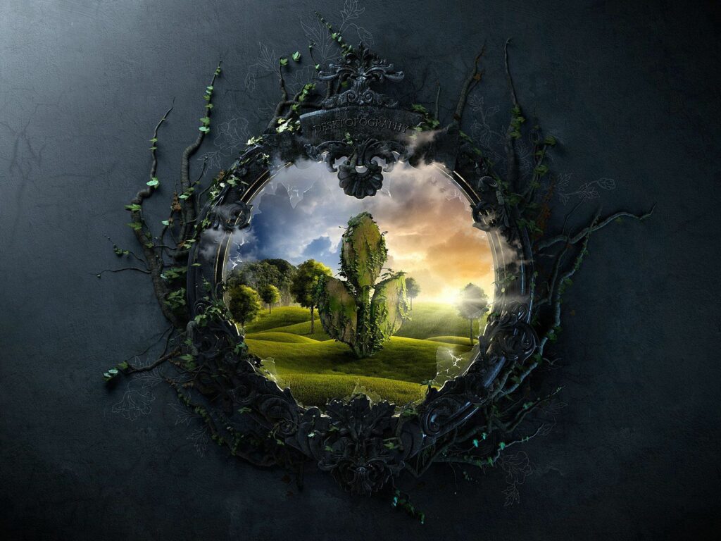 Surreal Earth Landscape Wallpaper: Lush Fields in Ornate Frame