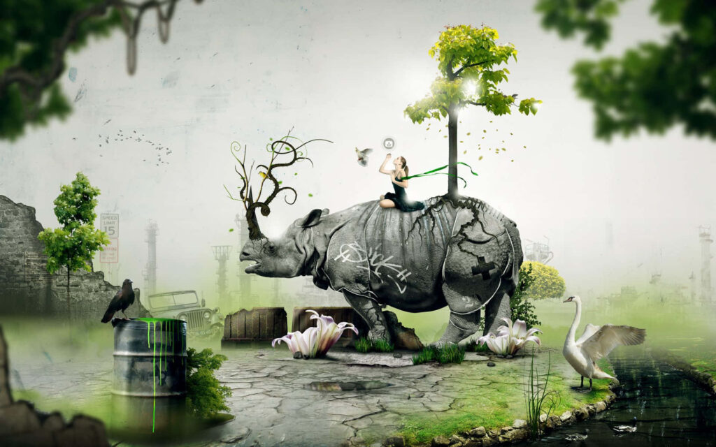 Surreal Eco Wallpaper: Rhinos, Nature, & Urban Harmony
