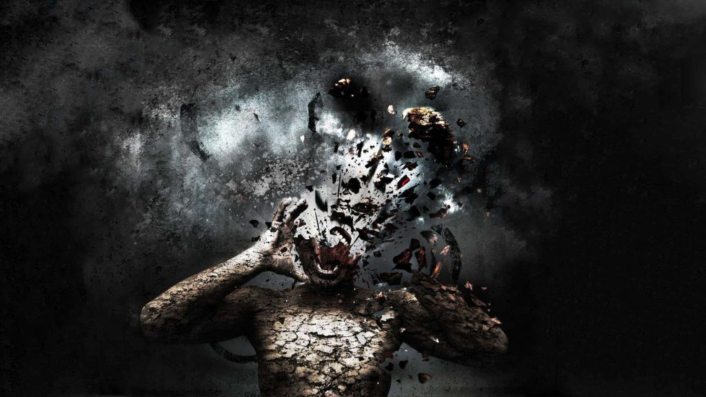 Surreal digital art of a cracked stone humanoid exploding into dark particles on smoky background Wallpaper