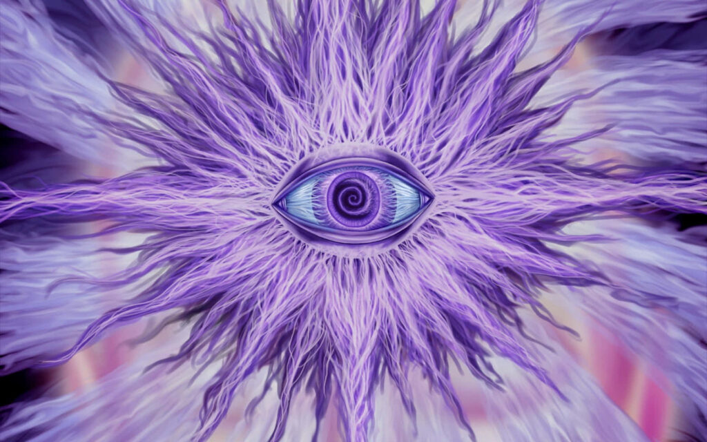 Surreal Purple Floral Wallpaper with Central Eye Design - Mystical Background