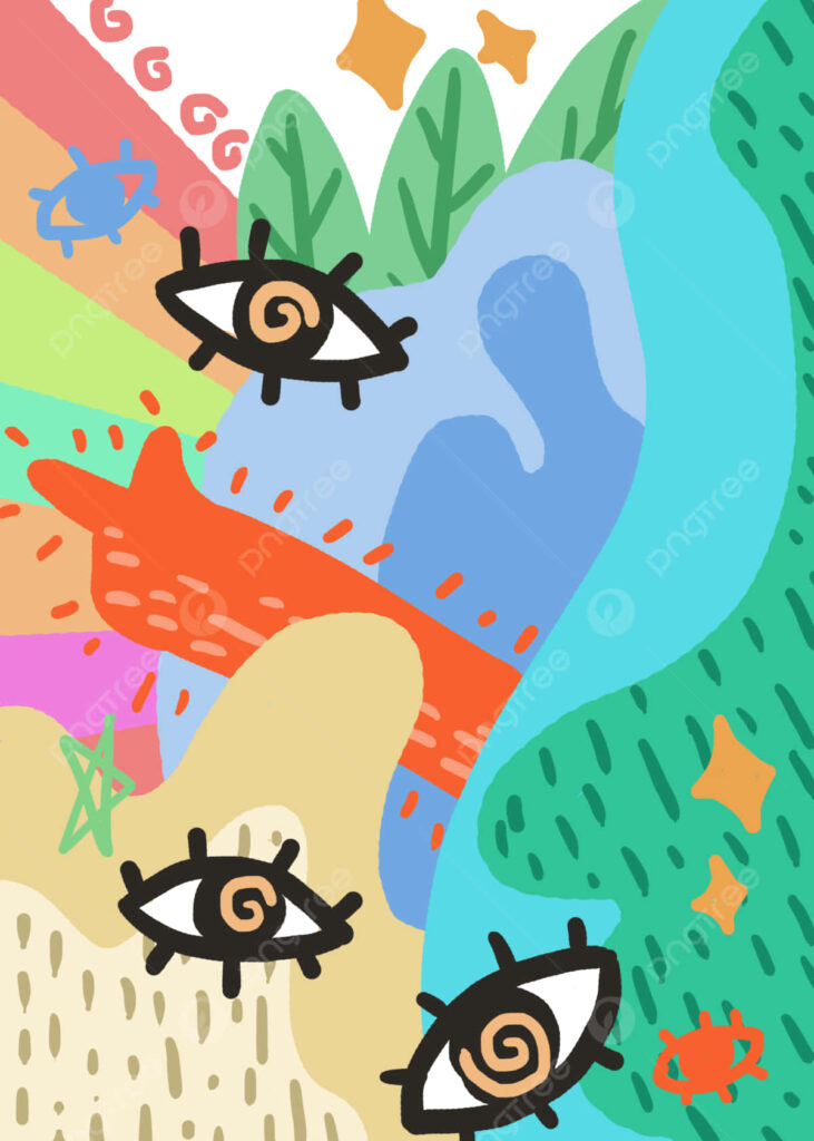 Abstract wallpaper with surreal eyes hands vibrant multicolor organic shapes playful doodles