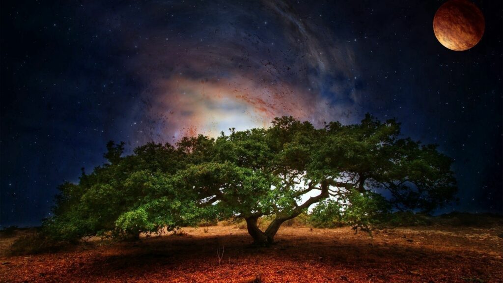 Vibrant green tree under glowing cosmic swirl starry night sky surreal nature and space wallpaper