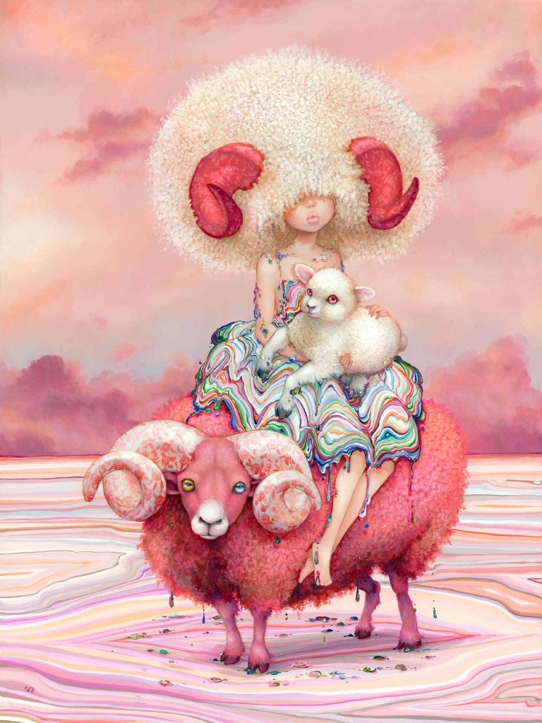 Surreal digital art of girl with floral horned afro riding pink ram clutching lamb pastel background Wallpaper