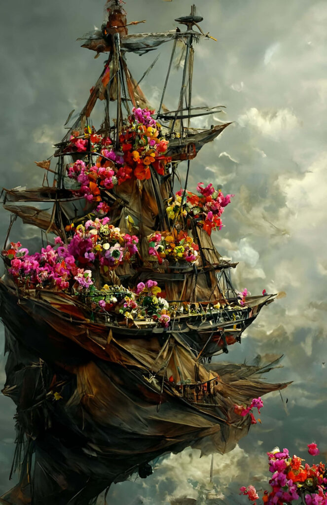 Surreal Sailing Ship Wallpaper with Vibrant Floral Background