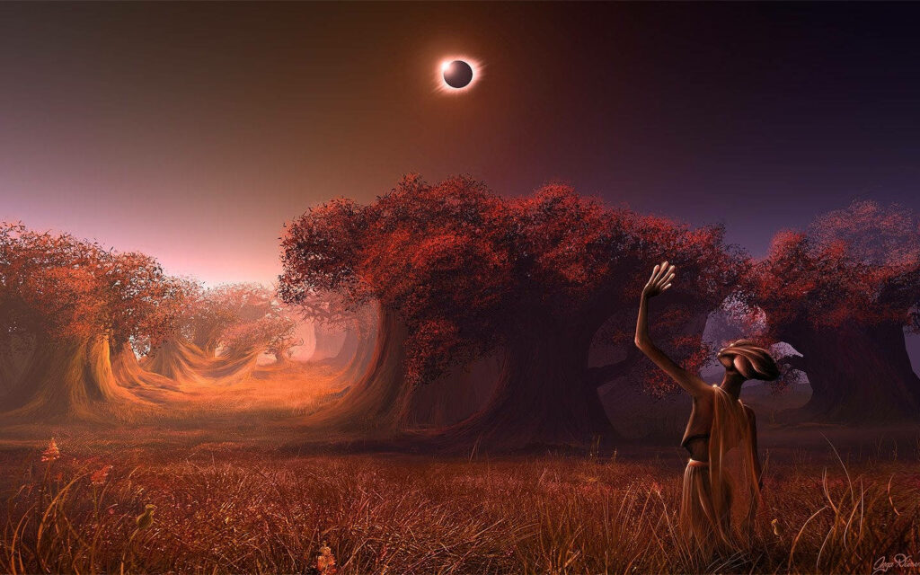 Surreal Solar Eclipse Wallpaper: Alien Figure in Ethereal Forest
