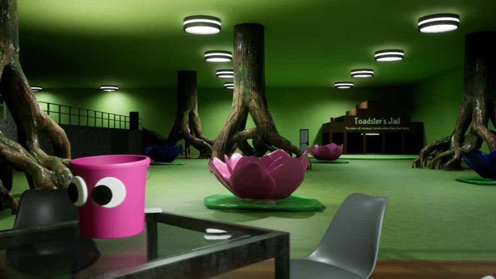 Surreal Garten of Banban wallpaper with eerie green room oversized roots lotus flowers Toadster’s Jail