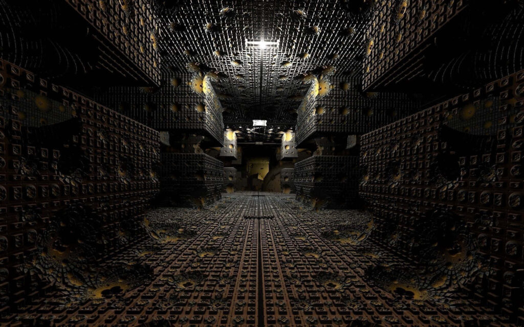 Surreal Hallway Wallpaper: Fractal Designs in Dim Light