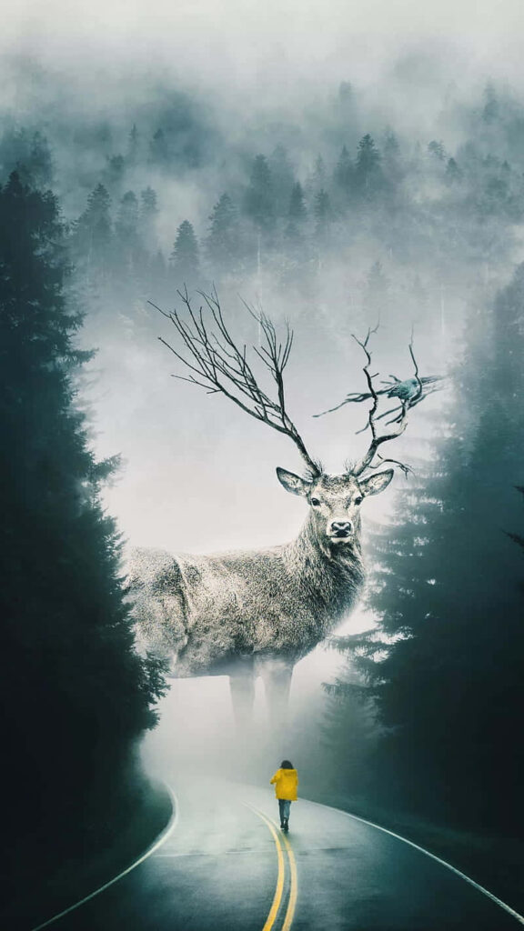 Majestic Deer in Misty Forest: Surreal Adventure Wallpaper