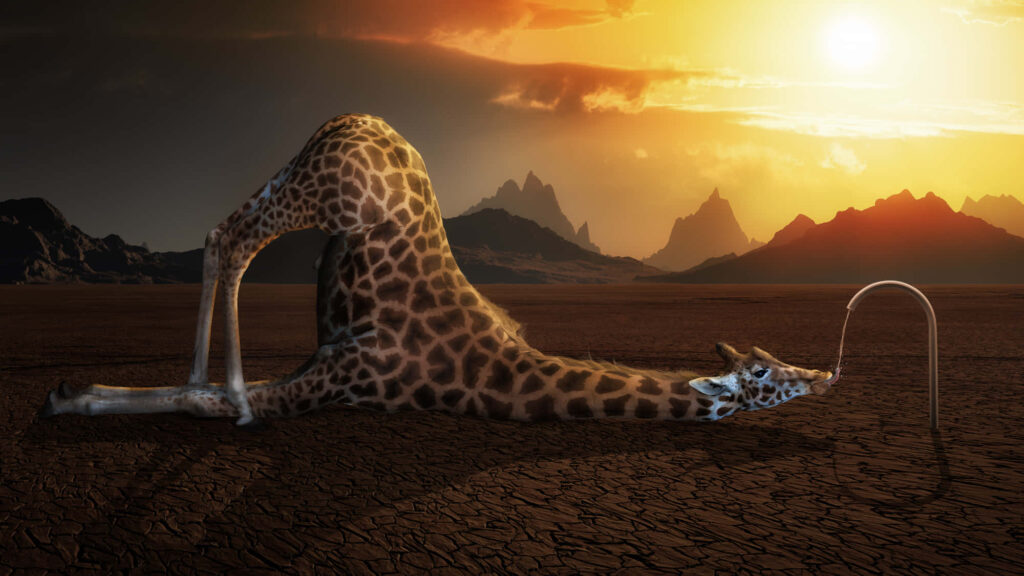 Surreal Giraffe Drinking from Faucet in Dry Desert at Sunset Wallpaper
