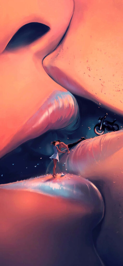 Surreal artwork with glossy lips and tiny girl on lower lip motorcycle background wallpaper