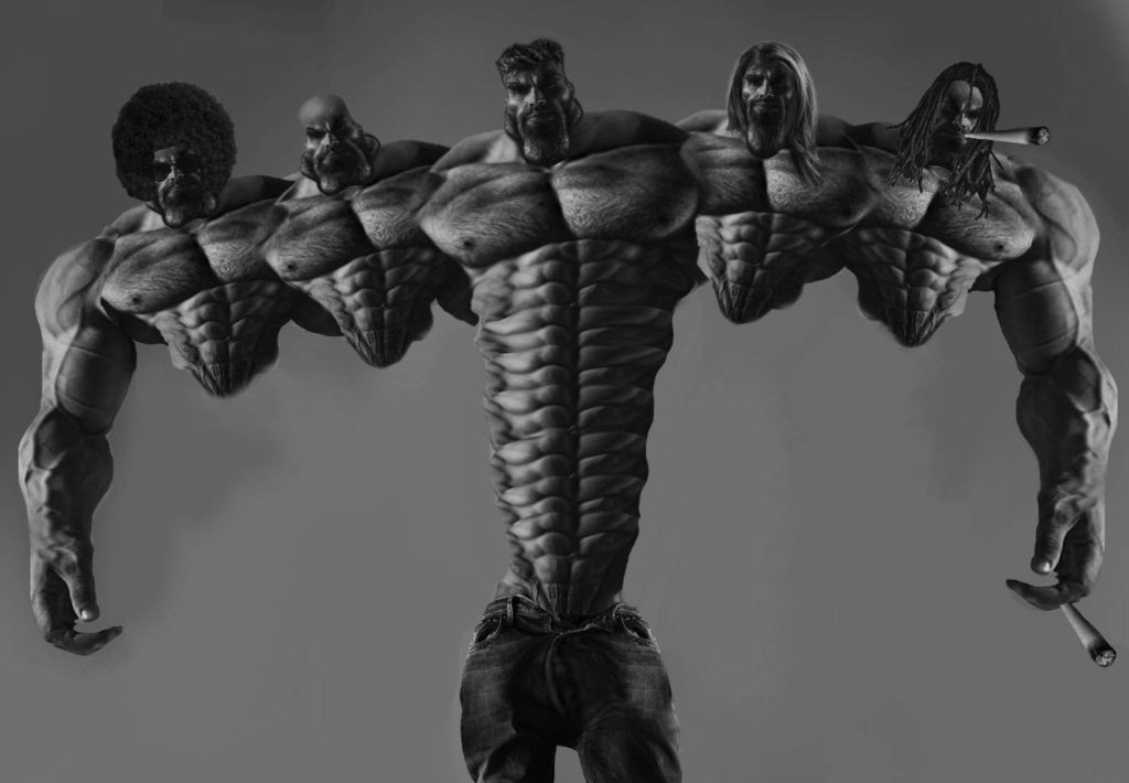 Surreal grayscale GigaChad meme wallpaper with five muscular heads on one bodybuilder physique background