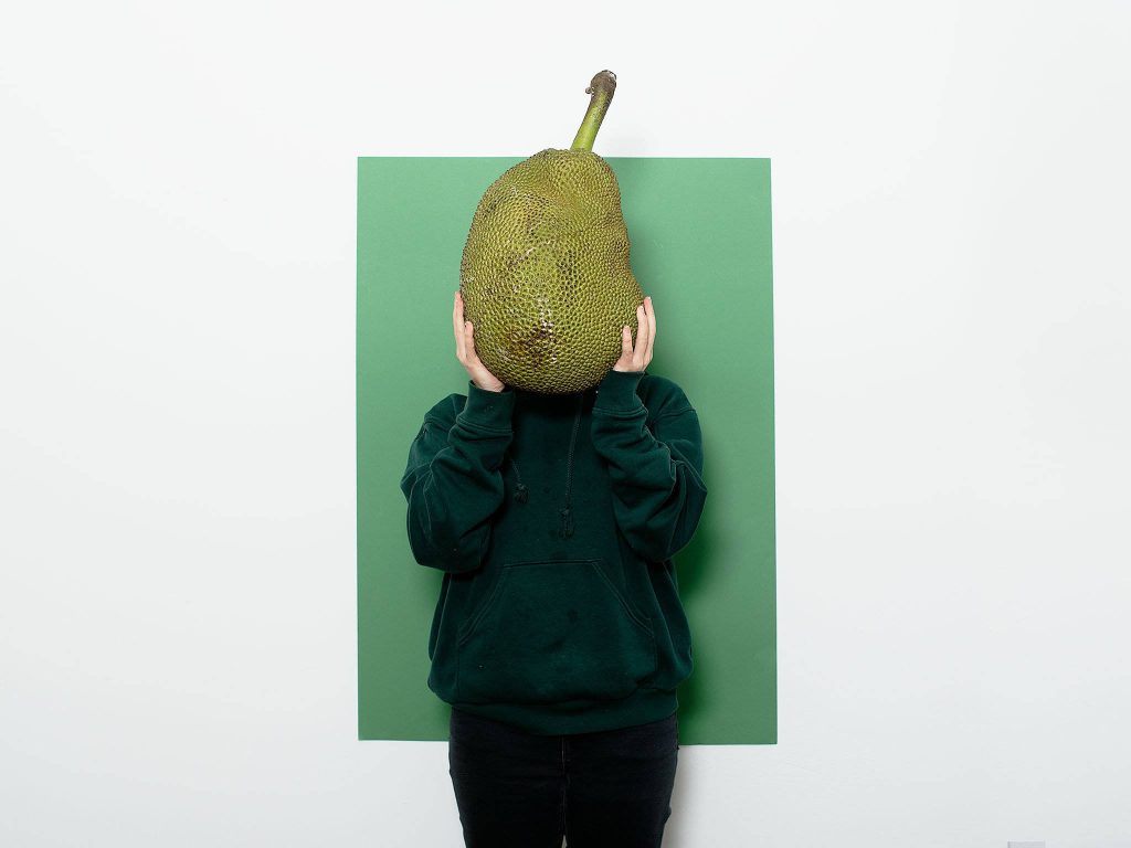 Person in dark green hoodie hiding face behind large jackfruit on minimalist green white background Wallpaper