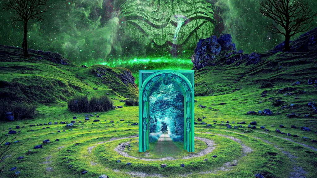 Surreal digital art wallpaper with ornate green portal rocky landscape cosmic sky giant face