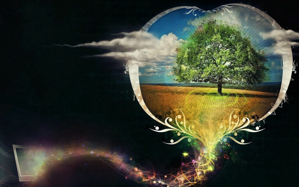 “Surreal Heart-Shaped Tree Wallpaper: Vibrant Field & Dark Background”