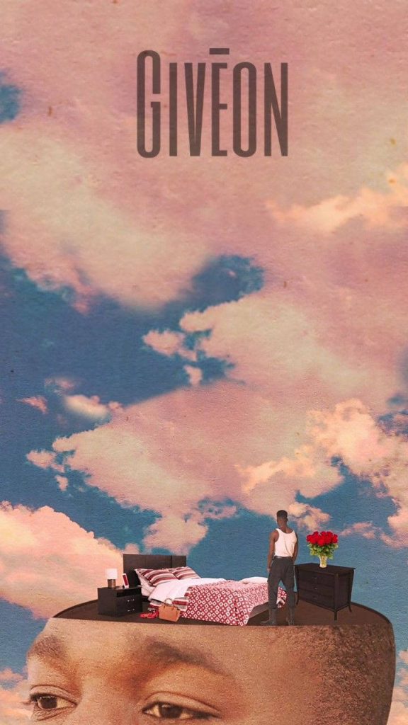 Surreal Heartbreak Anniversary wallpaper with man on giant head red roses pastel cloudy sky background