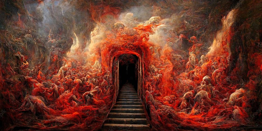 Dark stone stairs to abyssal gate with swirling crimson flames in surreal hellscape wallpaper