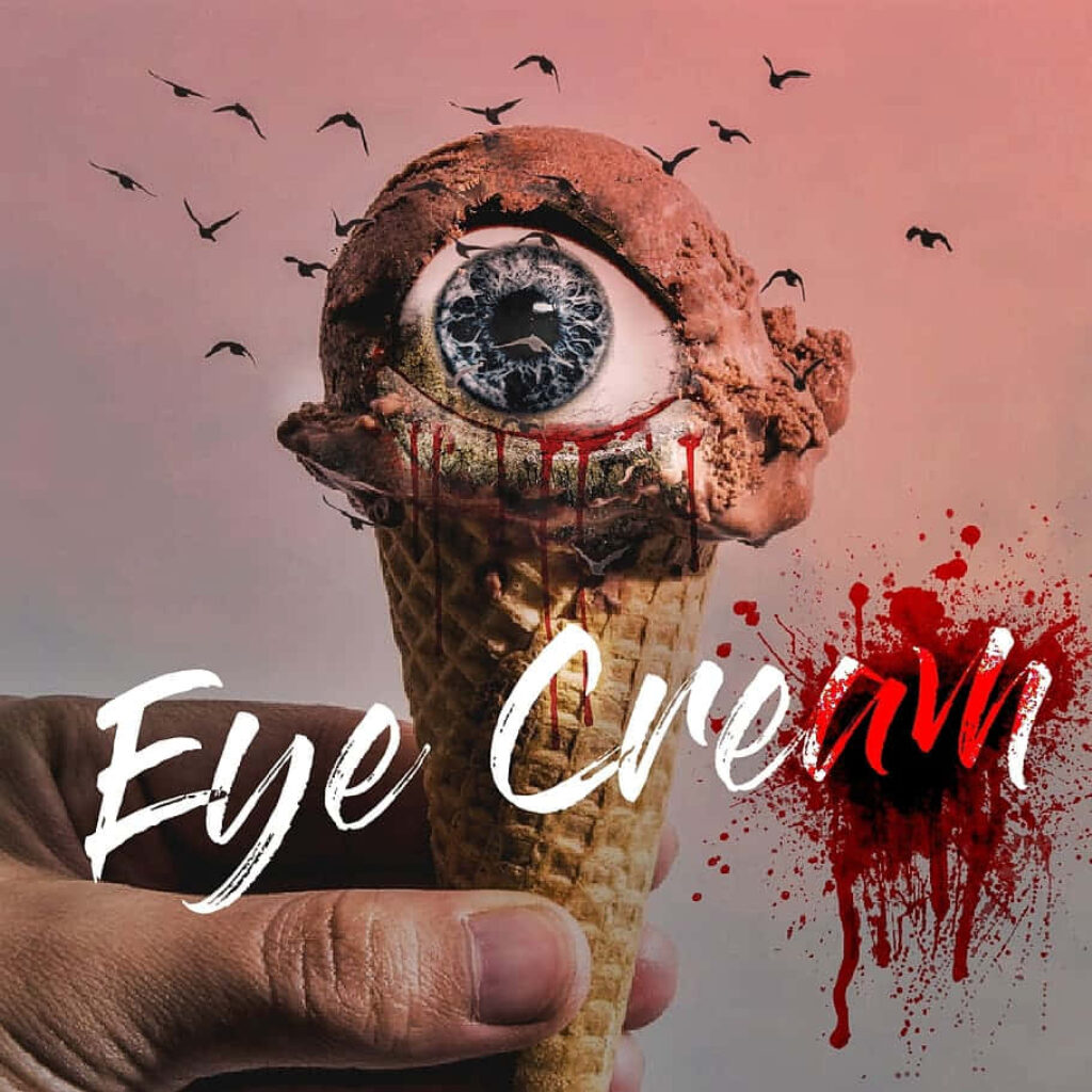 Surreal wallpaper of hand holding ice cream cone with realistic human eye horror food art background