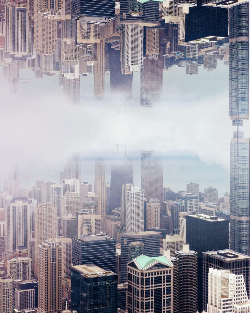Surreal Inception inspired cityscape with inverted skyline foggy reflected skyscrapers wallpaper