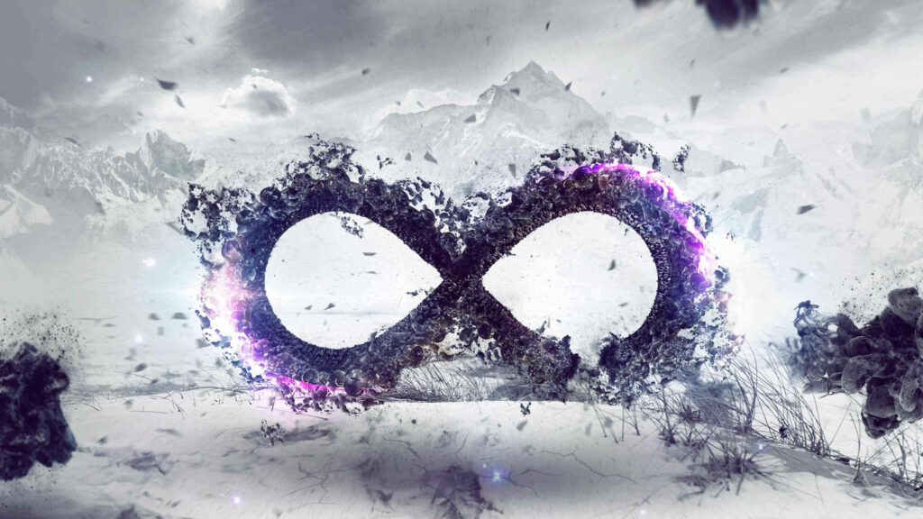 Surreal Infinity Symbol Shattering in Ethereal Winter Landscape Wallpaper