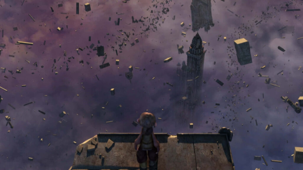 Mystical Ruins: Lone Figure Gazes at Surreal Fragmented Landscape Wallpaper