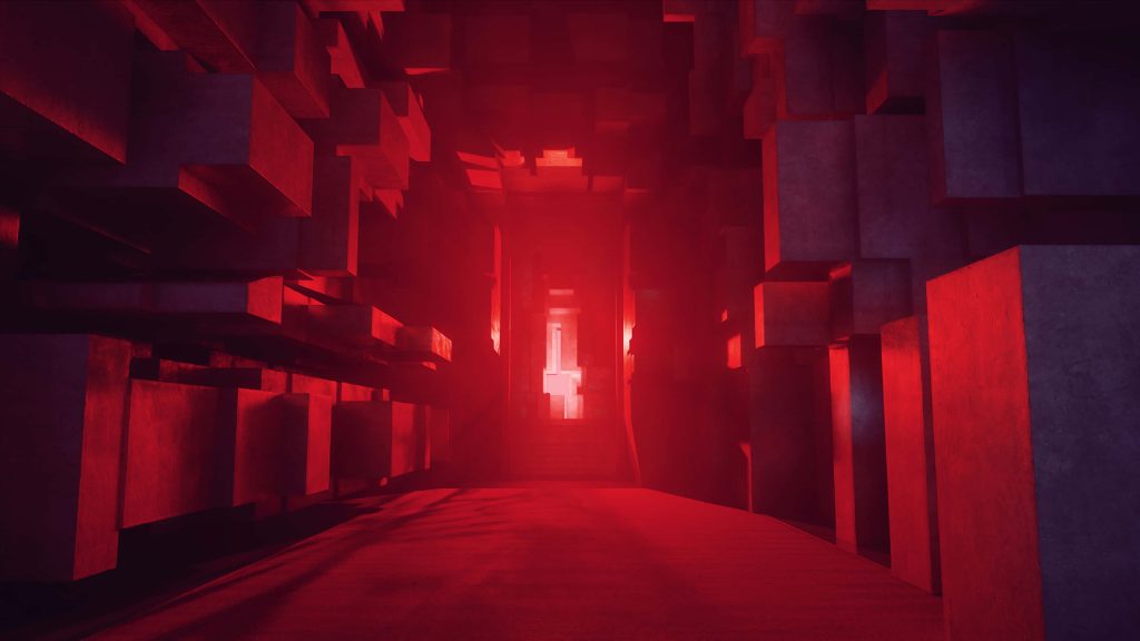 Surreal minimalist 3D corridor wallpaper in vibrant light red with geometric blocks and backlighting