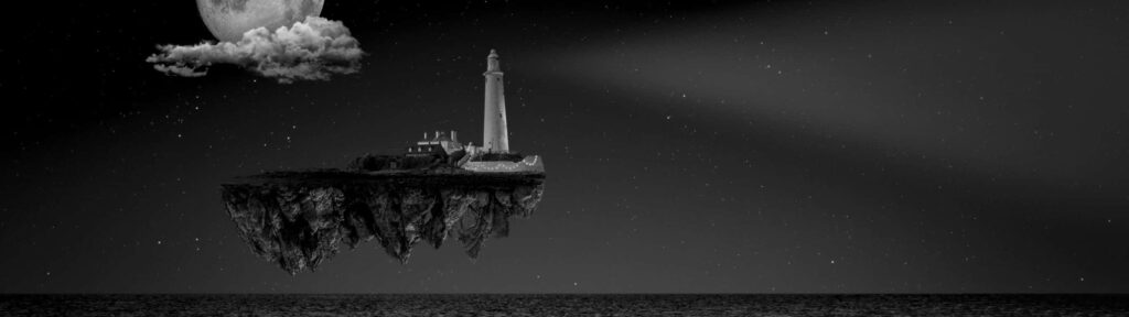 Surreal Lighthouse Wallpaper: Floating Island & Starry Sky Scene