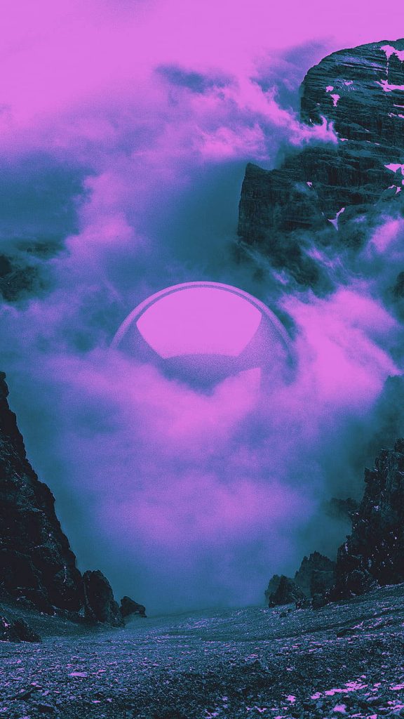 Surreal cloud wallpaper with glowing sphere above jagged mountains in vibrant magenta light