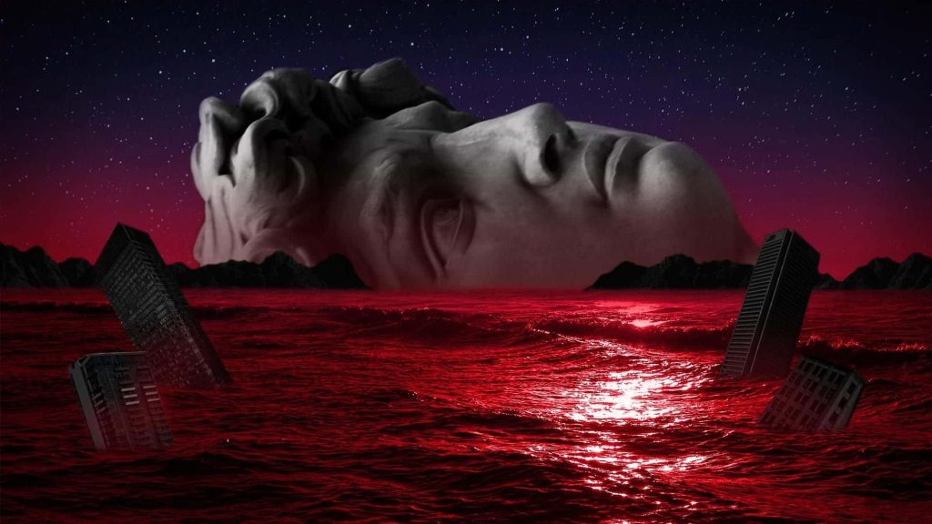 Surreal wallpaper of Michelangelo David head above blood-red ocean with submerged skyscrapers night