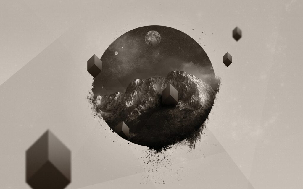 Surreal Monochromatic Mountain Scene Wallpaper with Geometric Shapes