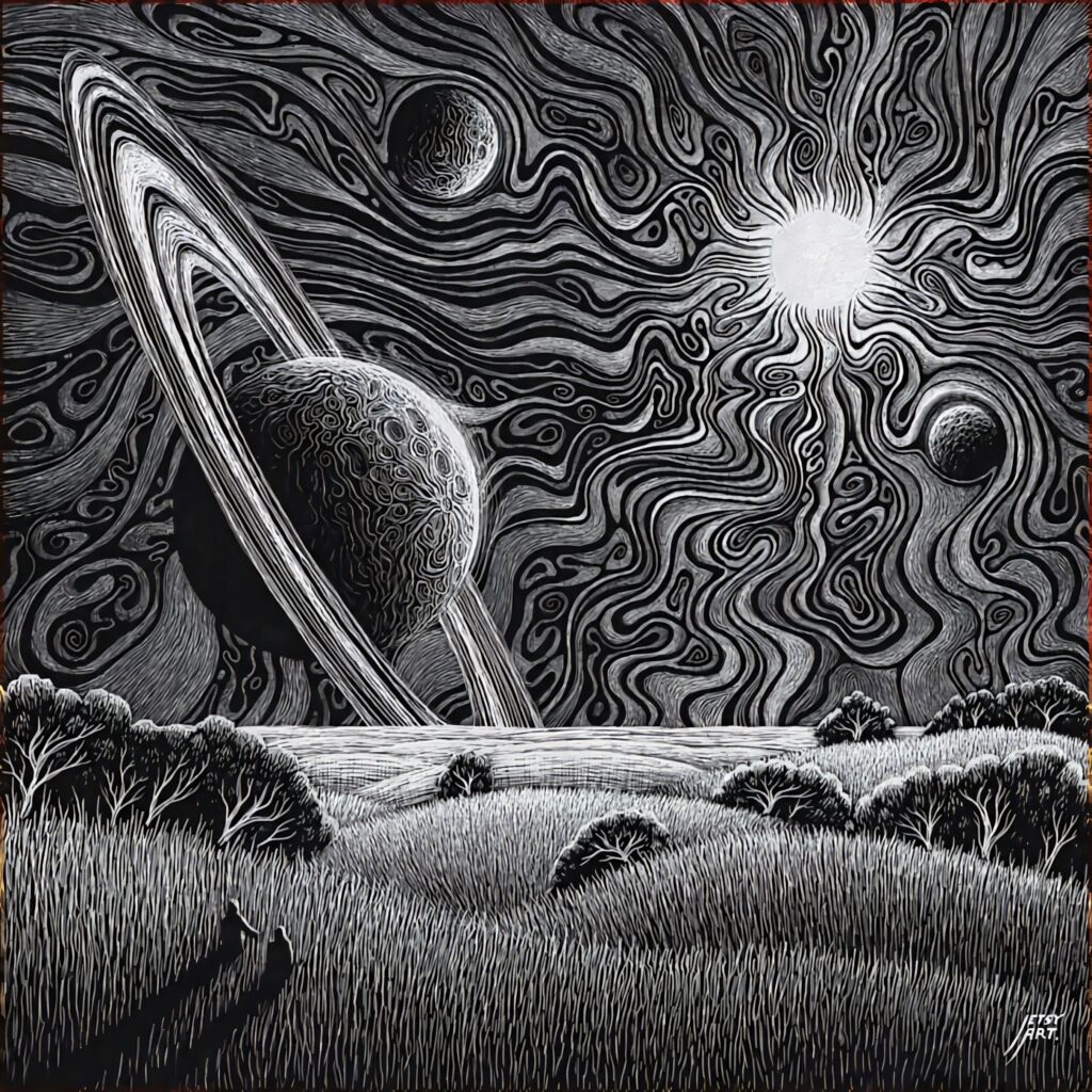 Surreal Monochrome Wallpaper: Cosmic Landscape & Tranquil Figure