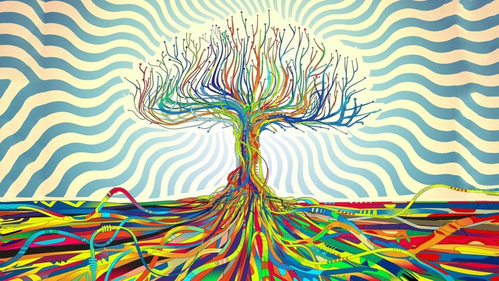 Surreal tech tree with vibrant multicolored cables and rainbow wires on hypnotic background Wallpaper