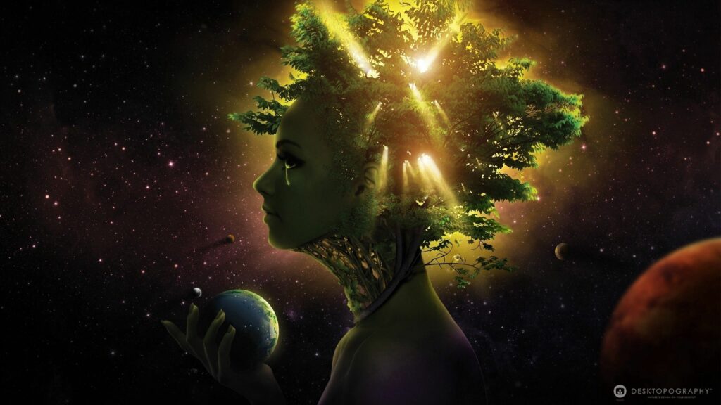 Surreal Nature & Cosmic Wallpaper: Girl with Planet & Tree
