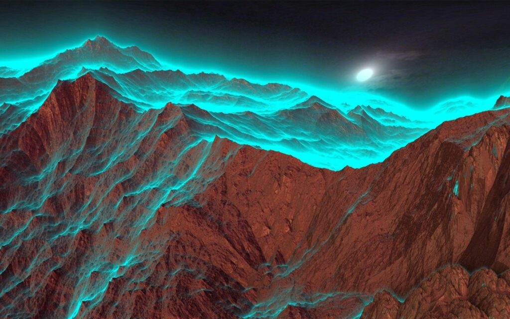 Surreal neon blue mountains with glowing ethereal sky futuristic mystical landscape wallpaper