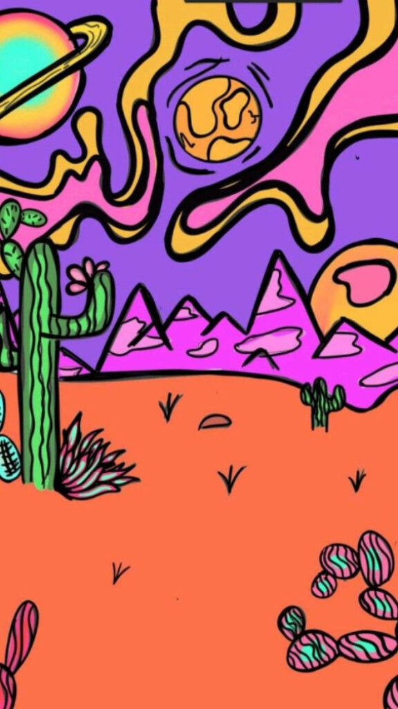 Surreal neon desert wallpaper with abstract cacti stylized mountains and swirling sky background