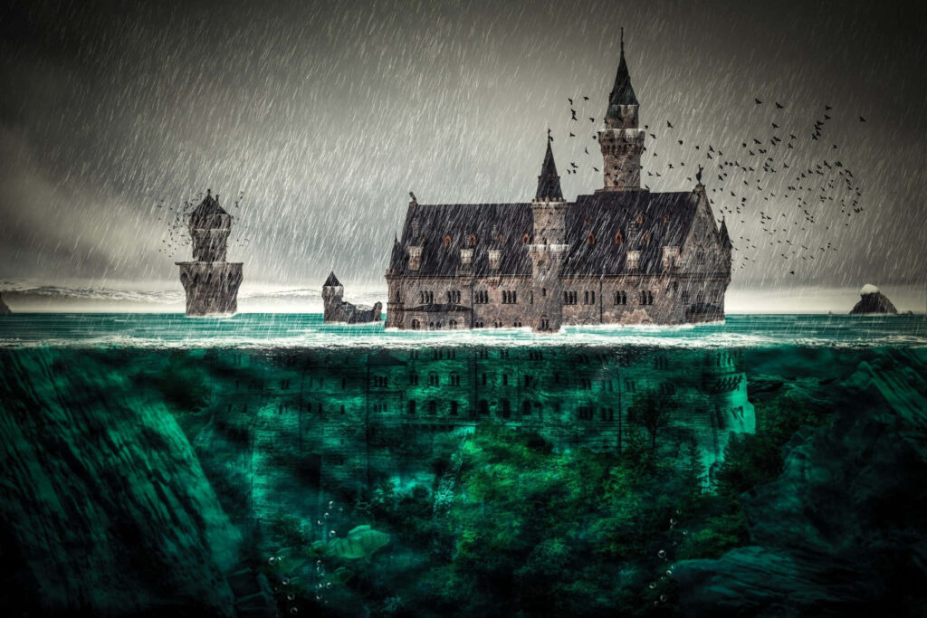 Surreal Neuschwanstein Castle Wallpaper: Mystical Flood Scene