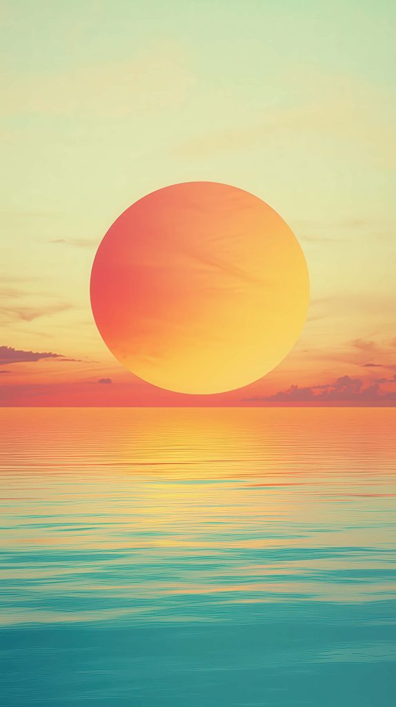 Surreal oversized sun setting over calm teal ocean with pastel gradient sky wallpaper background