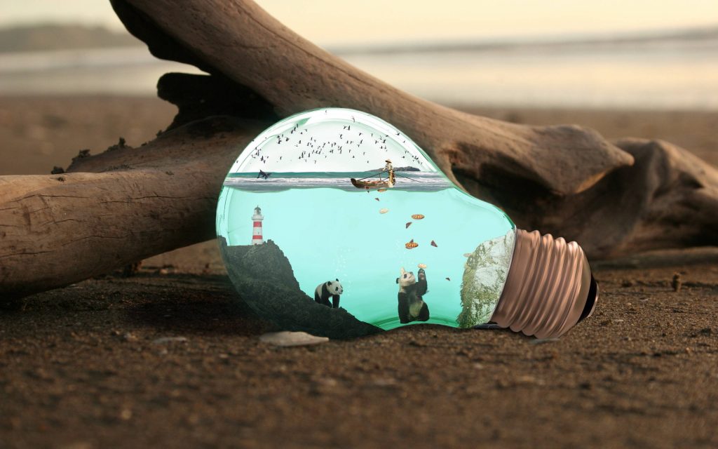 Surreal digital art of pandas and a fisherman inside a light bulb ocean on sandy beach wallpaper
