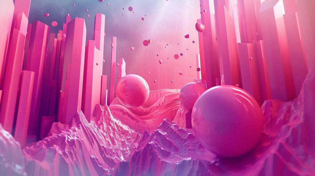 Surreal Pink 3D Abstract Landscape Wallpaper with Floating Spheres