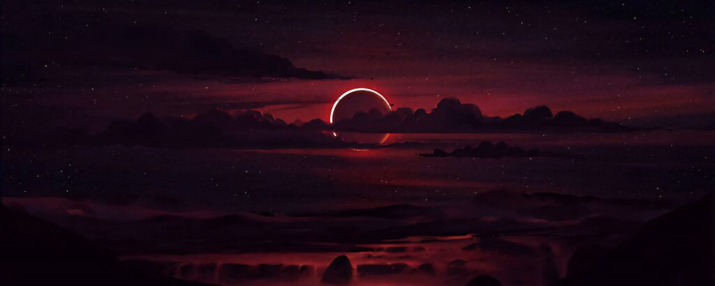 Surreal pink eclipse glowing over misty landscape with purple hues in dark starry sky wallpaper background