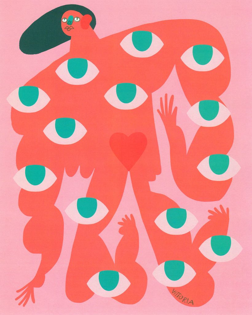 Surreal pink illustration with multiple eyes and central red heart vibrant advocacy wallpaper