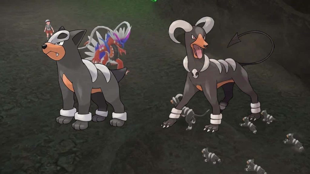 Surreal Pokémon Scarlet digital art of Houndour and Houndoom with tiny Houndour swarm Wallpaper