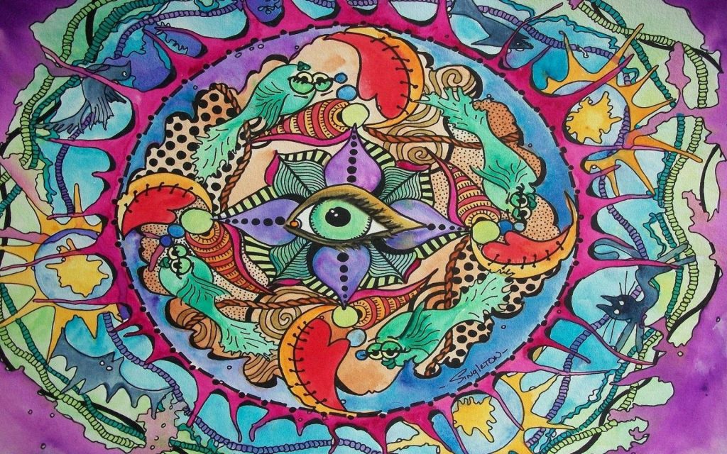 Psychedelic hippie wallpaper hand-drawn green eye fish swirling magenta teal yellow patterns background