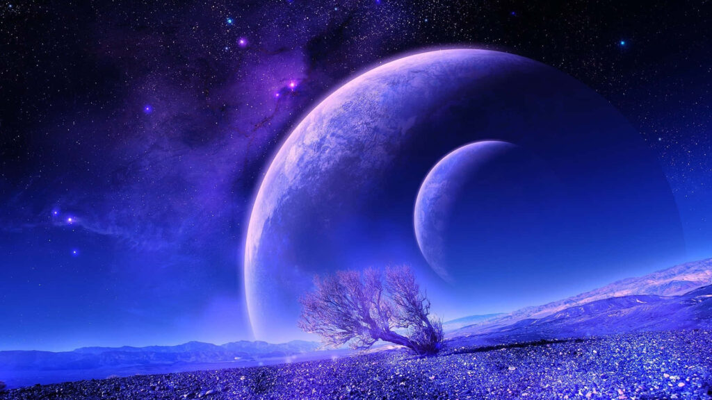 Stunning Night Sky Wallpaper: Full Moon & Tree Under Purple Glow
