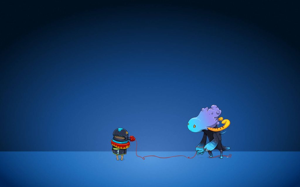 Surreal digital illustration of quirky creatures linked by red string on blue gradient background Wallpaper