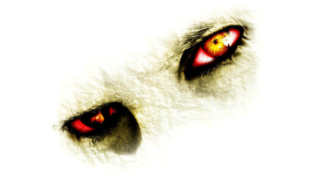 Surreal close-up of intense red and yellow eyes on textured white background wallpaper