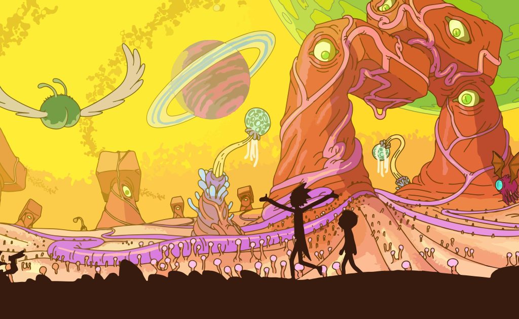 Rick and Morty silhouette wallpaper psychedelic alien landscape with eye rocks and glowing plants