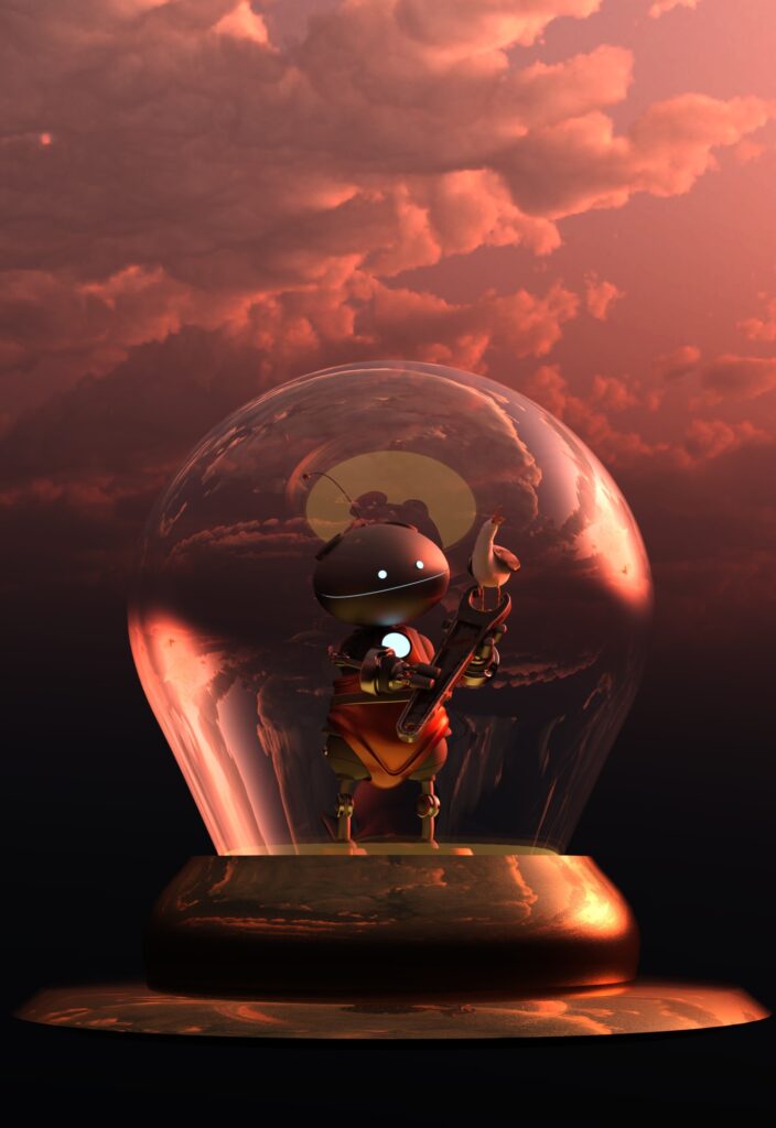 Small Robot in Glass Dome: Surreal Sunset Wallpaper Background
