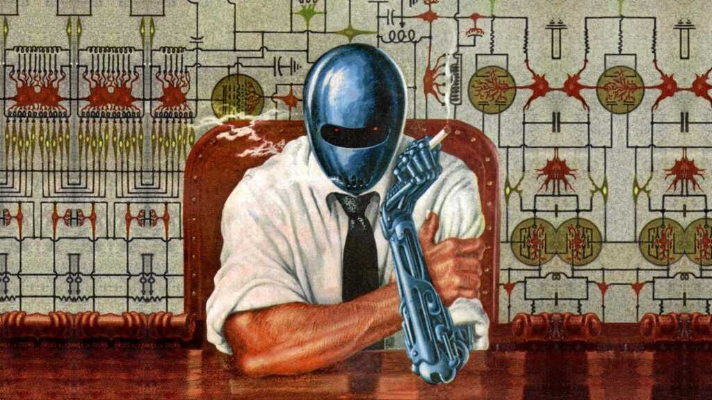 Surreal Robotic Figure at Table: Fusion of Human and Machine Wallpaper