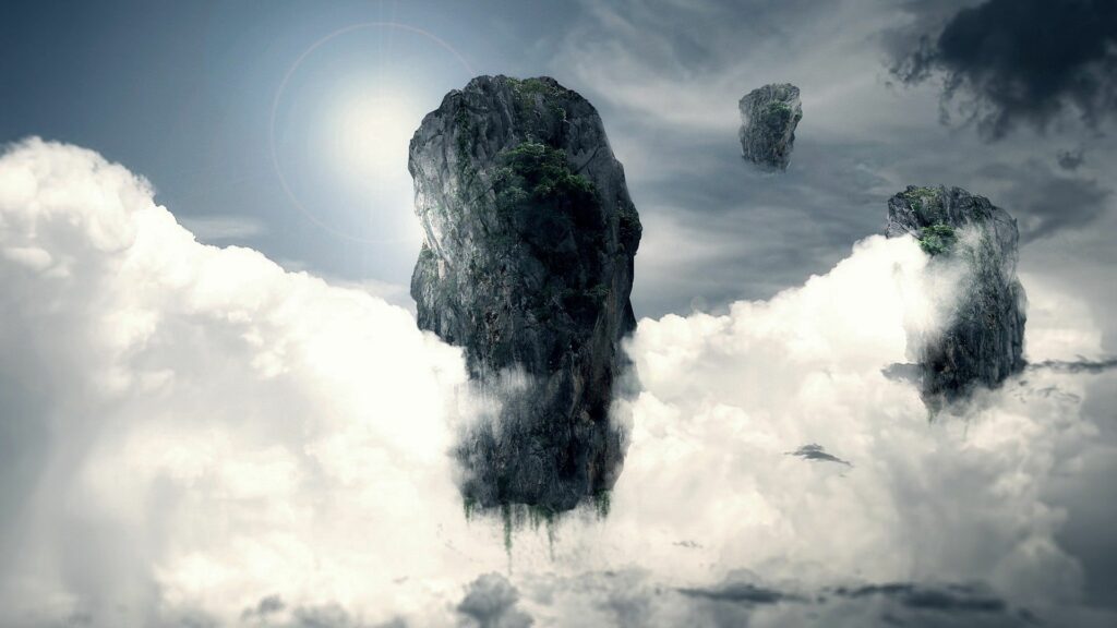 Surreal Rocky Formations Wallpaper: Dreamy Cloudy Sky Background 1920x1080